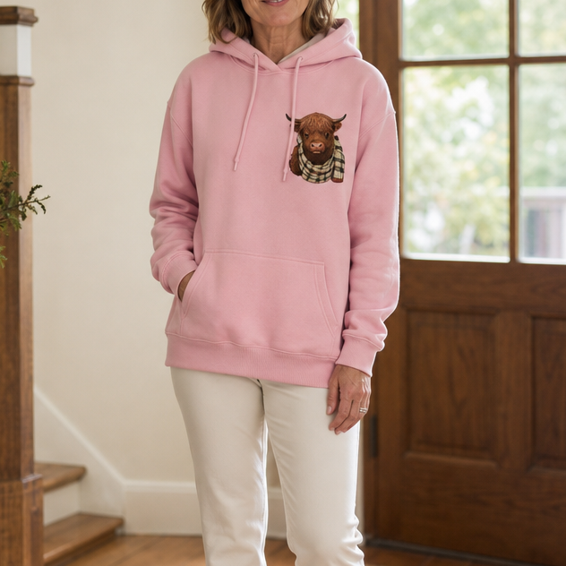 Heatherloch – Highland Cow Print Fleece-Lined Hoodie