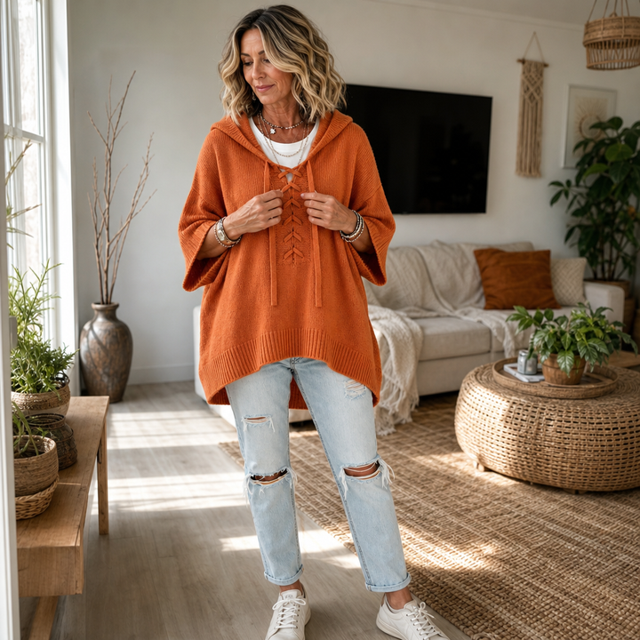 Lunarknit – Lace-Up Deep V Hooded Knit Pullover