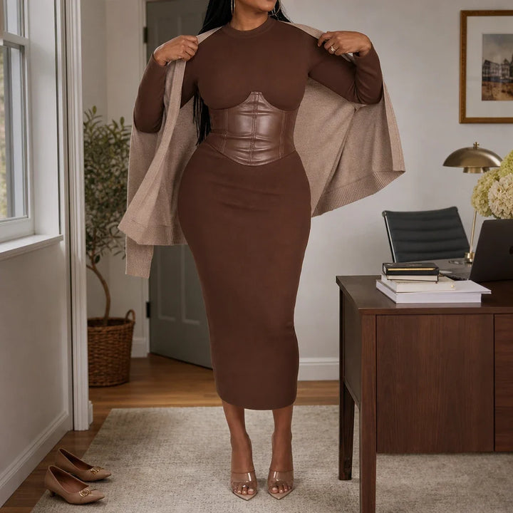 Velora – Corset-Waist Ribbed Knit Midi Dress