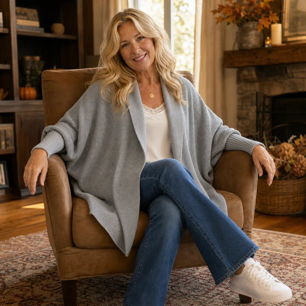 Drapeelle – Textured Batwing Open-Front Knit Cardigan