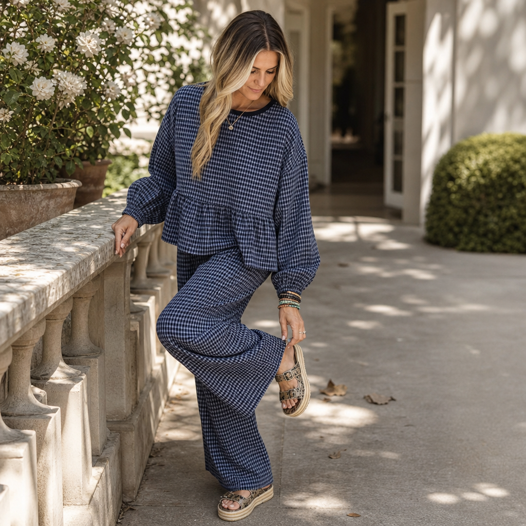 Elara – Gingham Peplum Top And Wide-Leg Pants Set