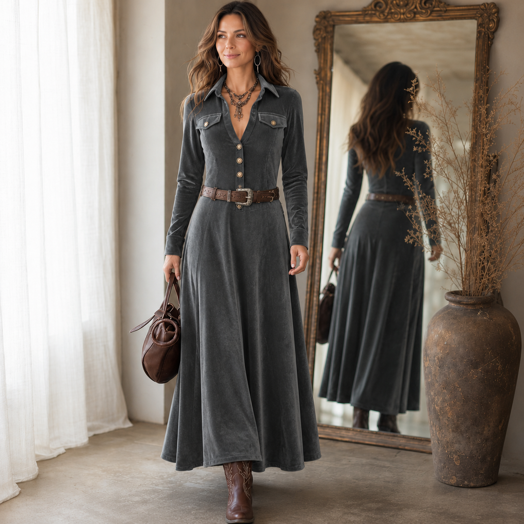 Vena – Button-Front Velvet-Look A-Line Maxi Dress