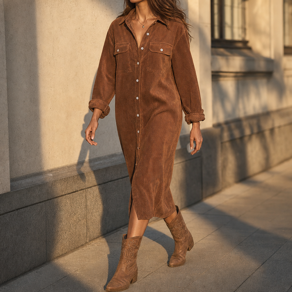 Corvella – Ribbed Corduroy Button-Front Shirt Dress