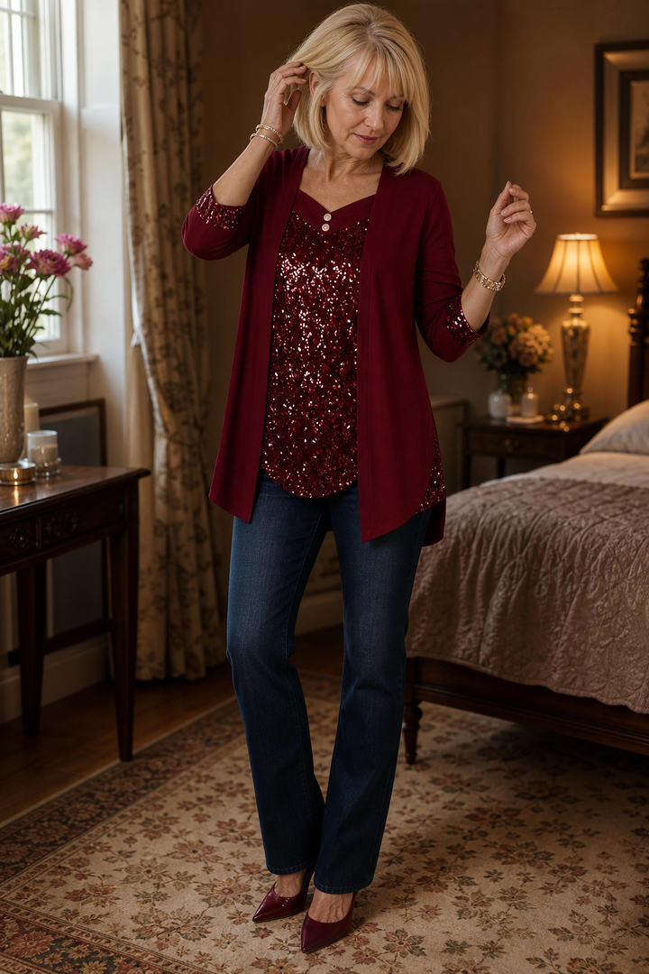 Veluxe Duo – Sequin Front Mock-Layer Evening Top