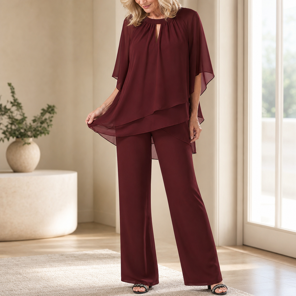 Draperie – Asymmetric Chiffon-Overlay Wide-Leg Trouser Set
