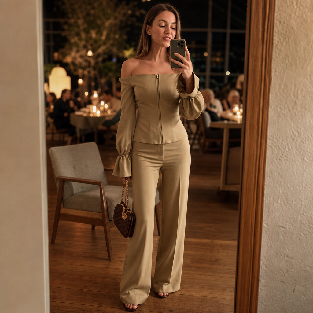 Wearbella – Off-Shoulder Bubble Sleeve Top And Wide-Leg Pants Set