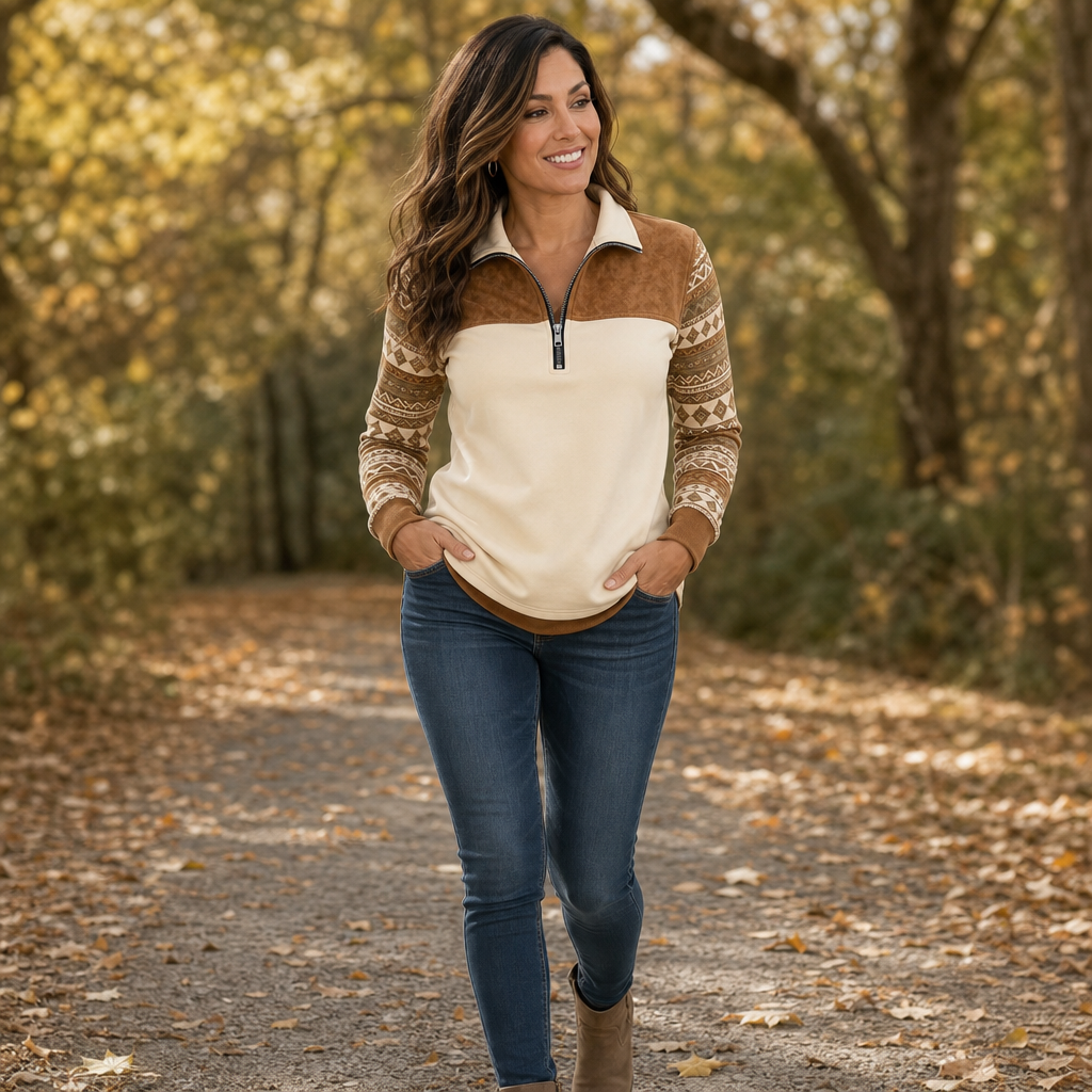 Marlowe – Western Faux-Suede Panel Half-Zip Pullover