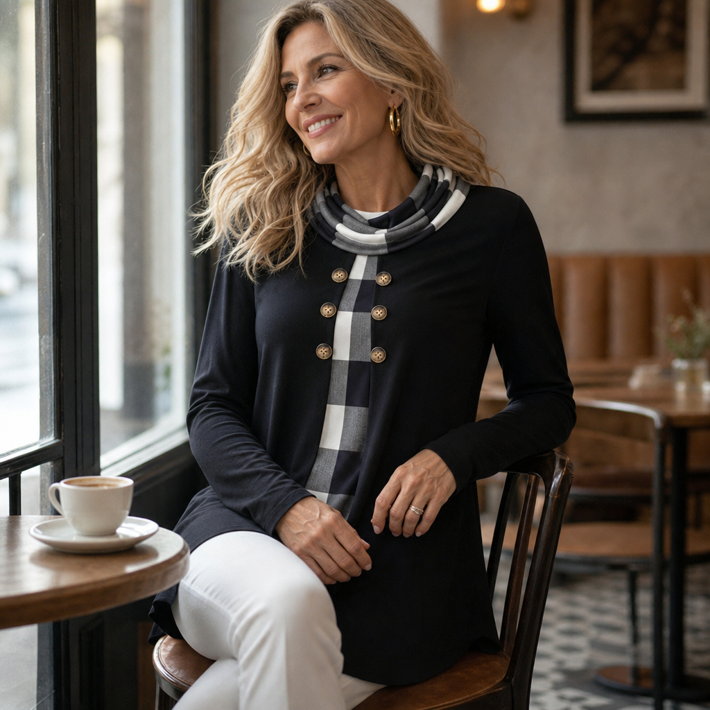 Layerella – Plaid-Detail Faux-Layered Long-Sleeve Tunic
