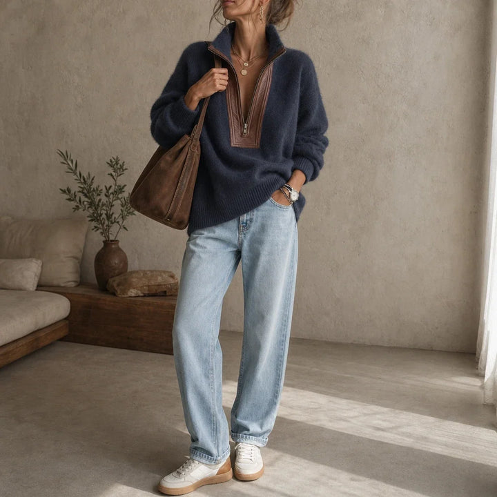 Cozyline – Fuzzy Contrast-Trim Half-Zip Sweater