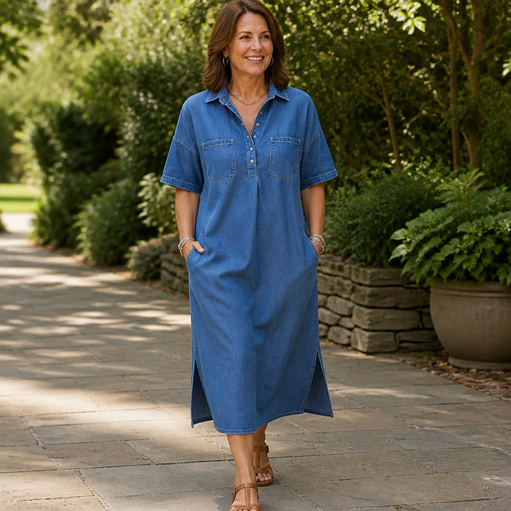 Denimly – Pocketed Shirt Collar Denim Midi Dress