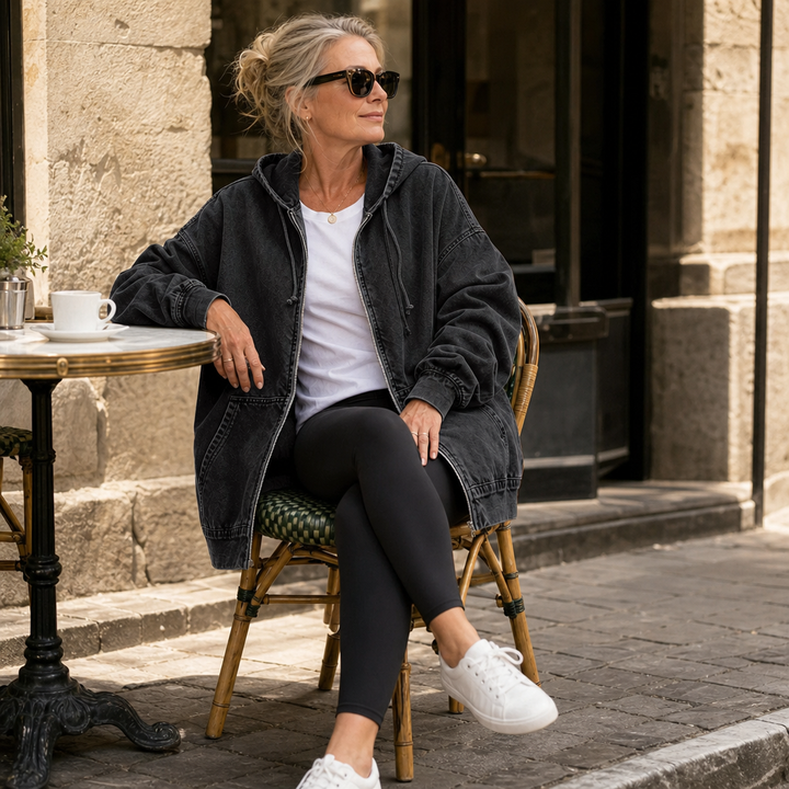 Denim Muse – Oversized Washed Denim Zip-Up Hoodie Jacket