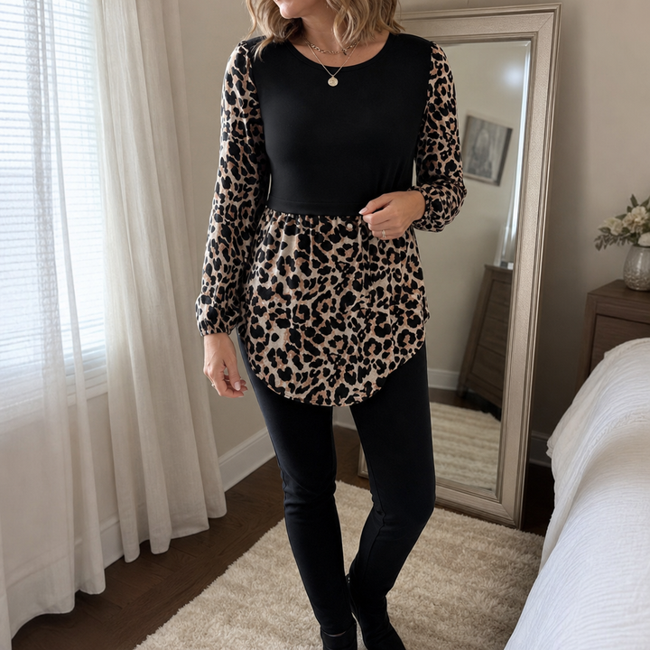 Wearleta – Leopard Contrast-Sleeve Ruffle Peplum Blouse