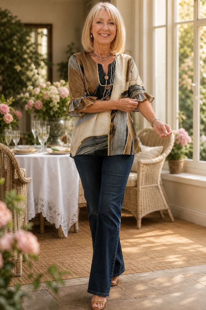 Ombralyn – Ombre V-Neck Mid-Sleeve Button-Front Blouse