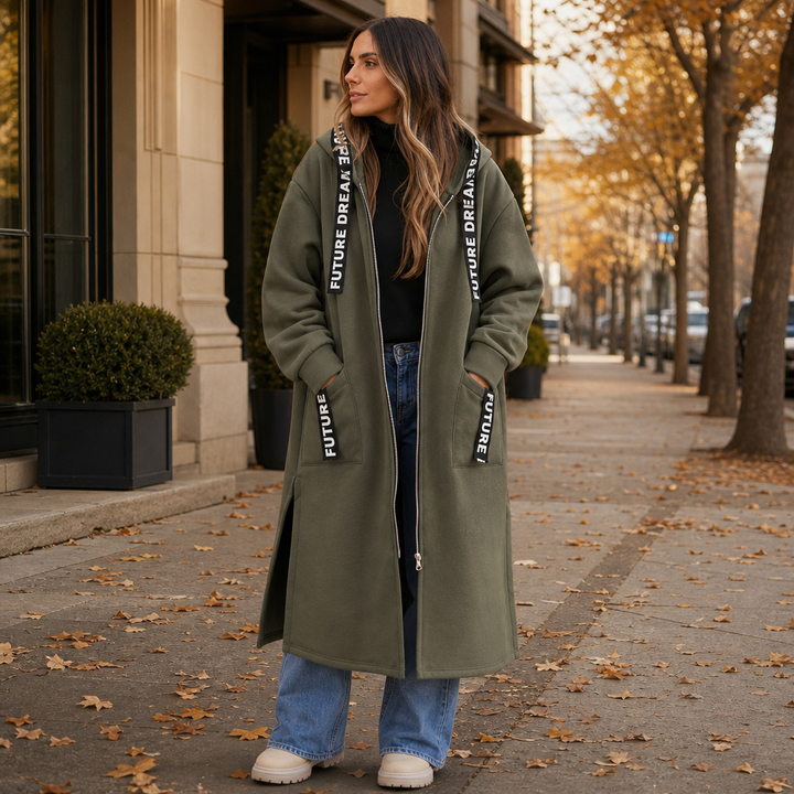 Duskmere – Knee-Length Hooded Zip Sweatshirt Coat
