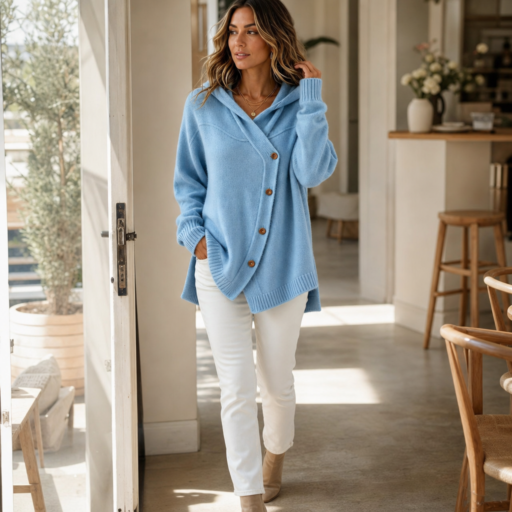 Lunette Wrap – Asymmetric Diagonal Hooded Knit Cardigan