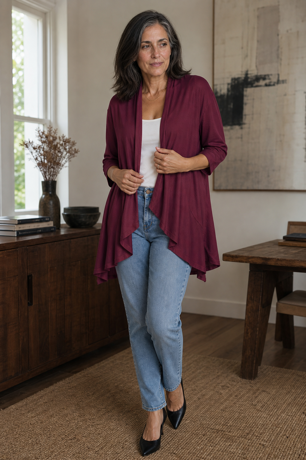 Wearbella – 3/4 Sleeve Open Front Waterfall Cardigan