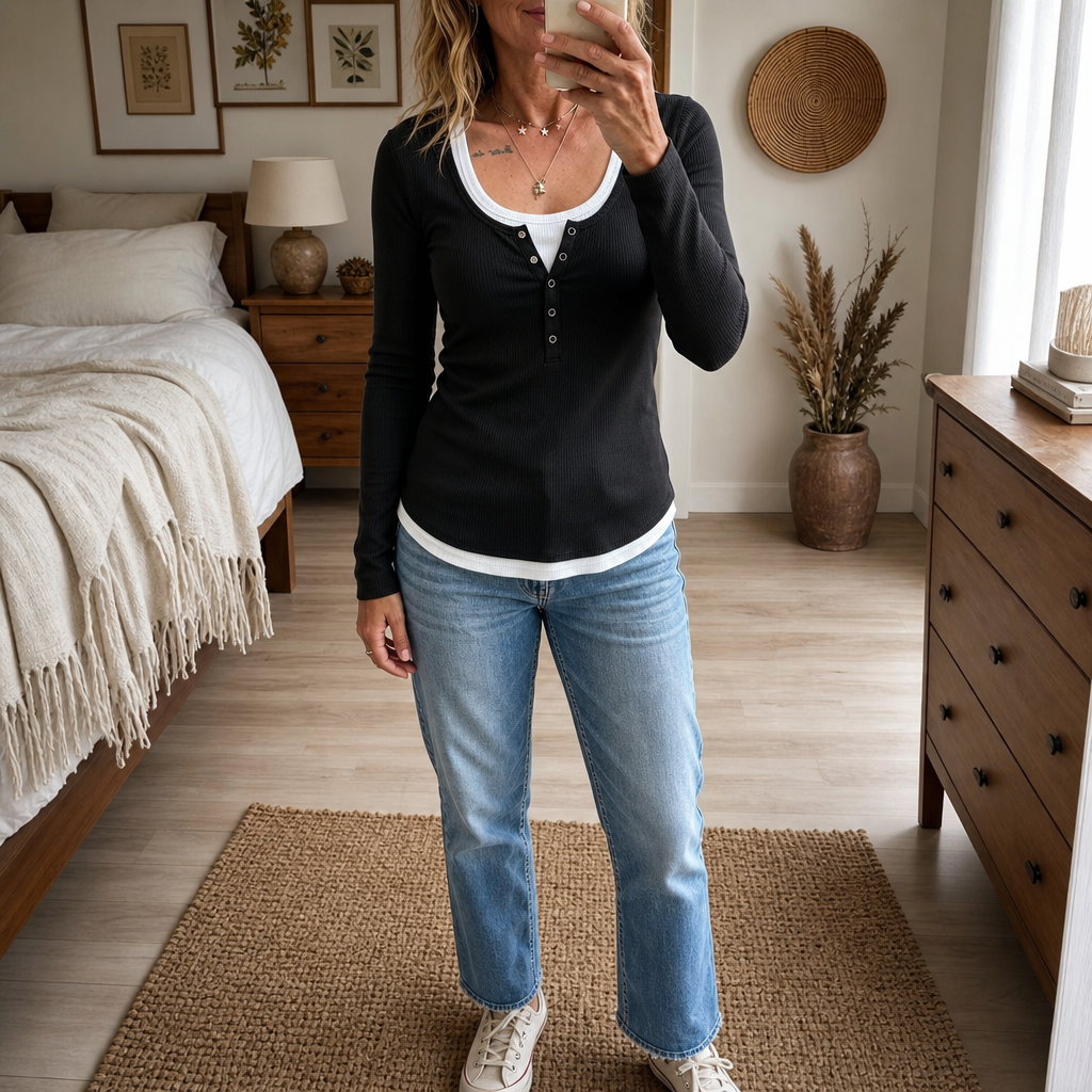 Layerlynn – Faux-Layered Ribbed Henley Top