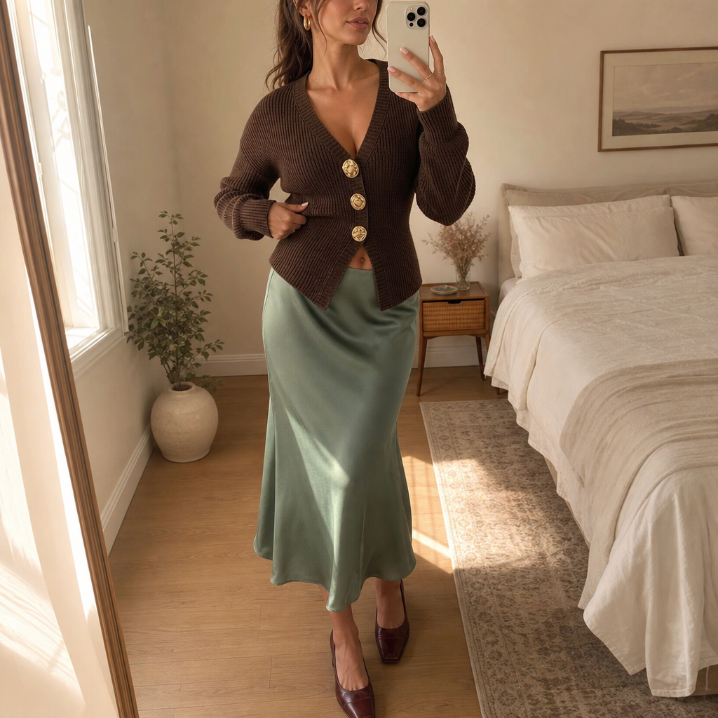 Veloura – Contrasting Hardware V-Neck Knit Cardigan