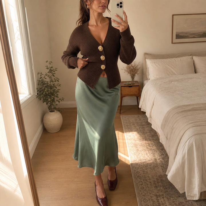 Veloura – Contrasting Hardware V-Neck Knit Cardigan