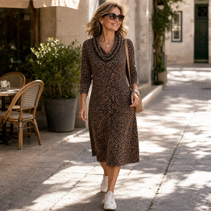 Leopardia – Long Sleeve Leopard Print Mock Neck Midi Dress