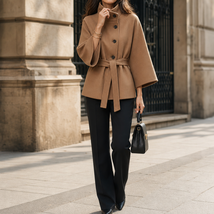 Velora – Asymmetrical Belted High-Neck Jacket