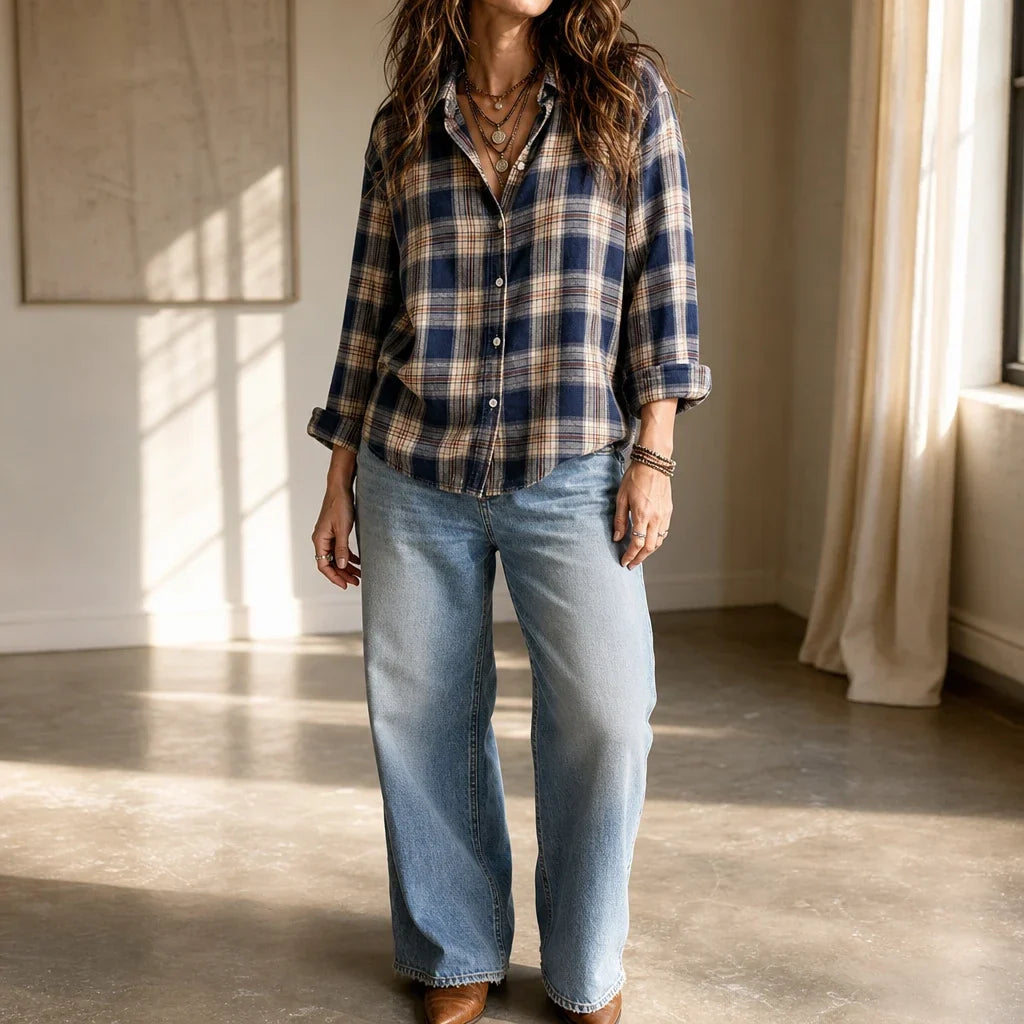 Caledon – Plaid Button-Front Long-Sleeve Blouse