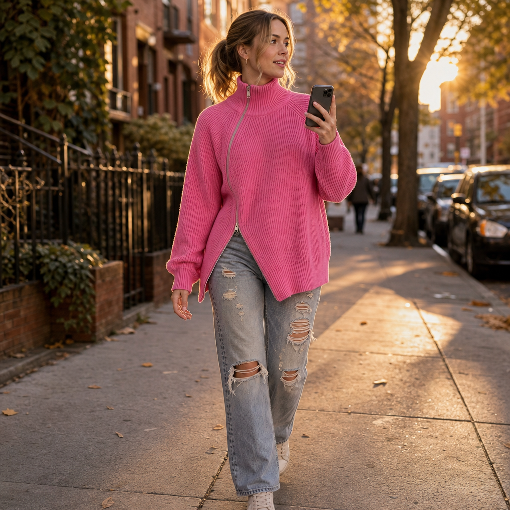 Wearbella – Asymmetric Zip Ribbed Knit Sweater