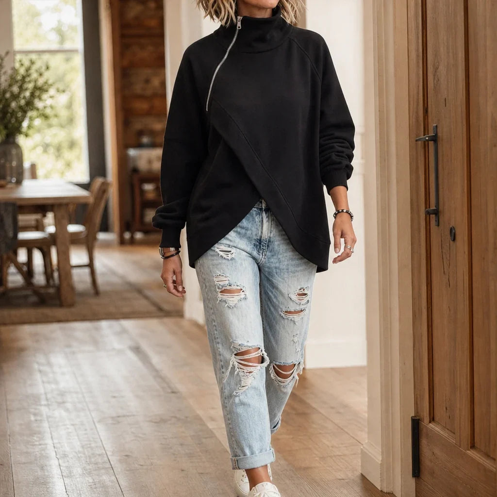 Wearbella - Asymmetrical Hem High-Neck Sweatshirt
