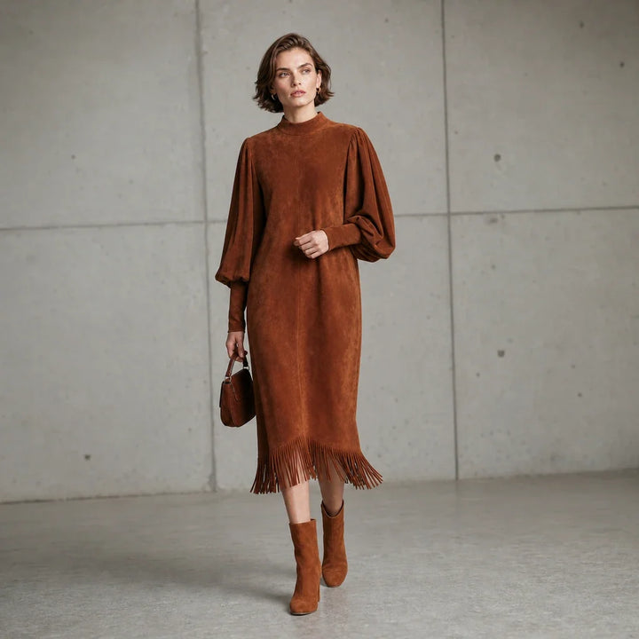 Suede Serenade – Faux Suede-Look Lantern Sleeve Fringe Midi Dress