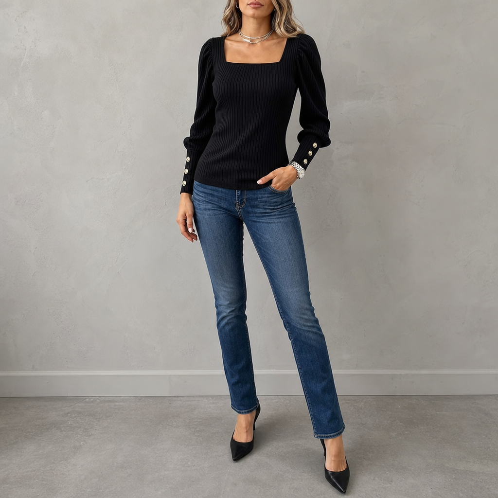 Square - Neck Puff-Sleeve Fitted Knit Top With Gold Cuff Buttons