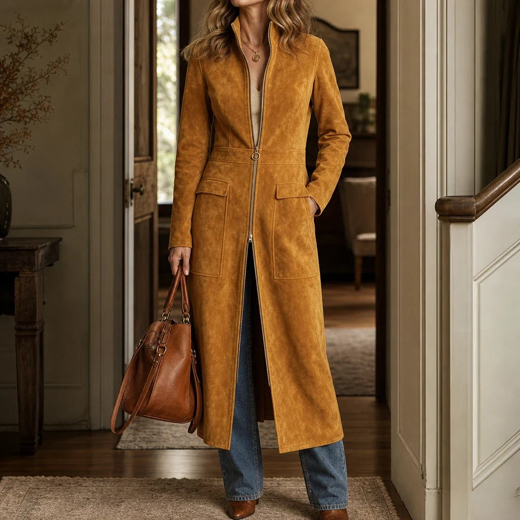 Velora – Fitted Stand-Collar Longline Coat