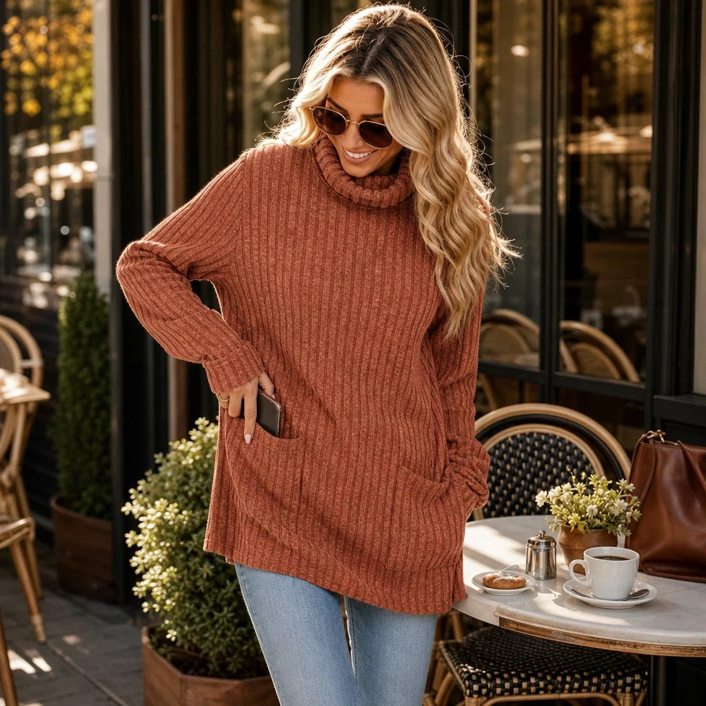 Cozyline – Ribbed Mock Neck Pocket Tunic