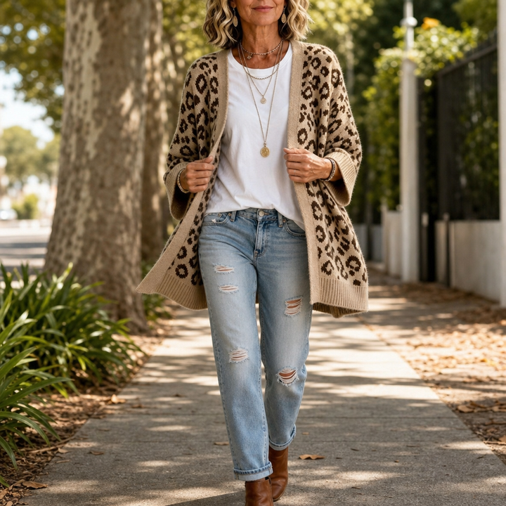 Léofur – Leopard Print Open-Front Knit Cardigan