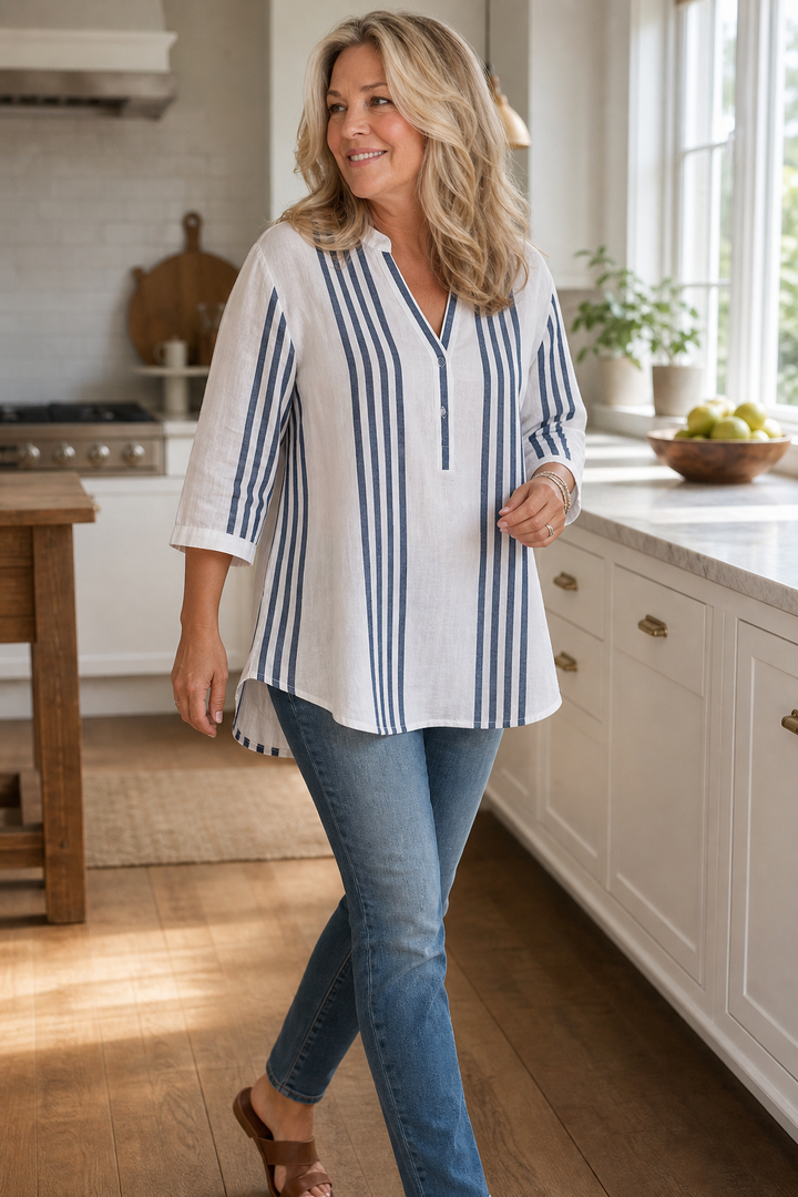 Wearbella – Striped V-Neck 3/4-Sleeve Blouse