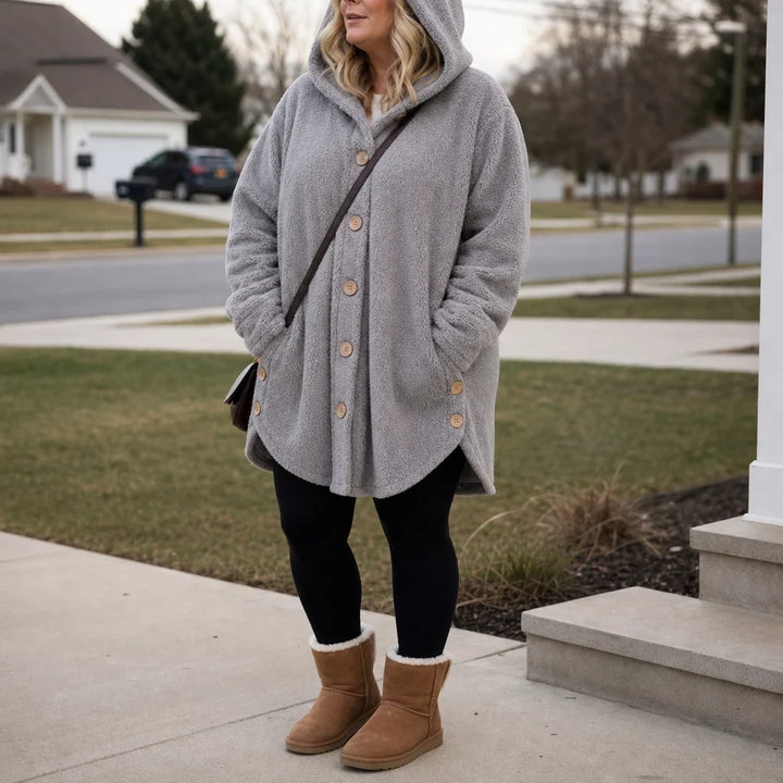 Cozy Button – Asymmetrical Hem Hooded Fleece Coat
