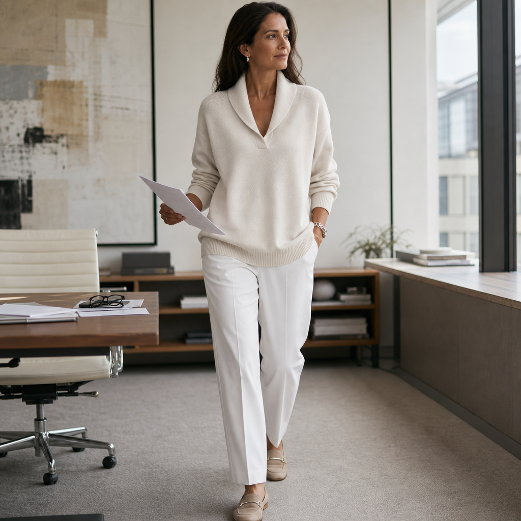 Antonia – Draped Shawl-Collar V-Neck Sweater
