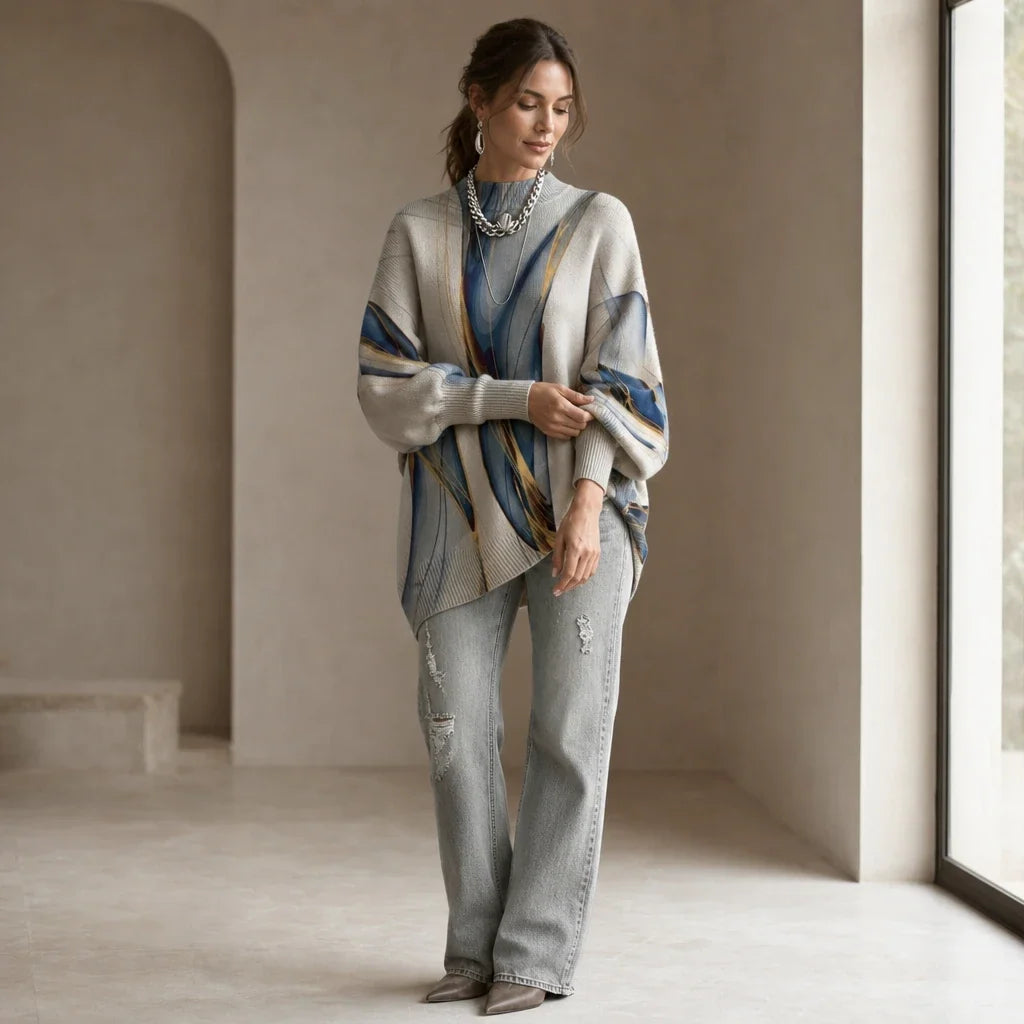Stria – Abstract Pattern High-Neck Lantern-Sleeve Sweater