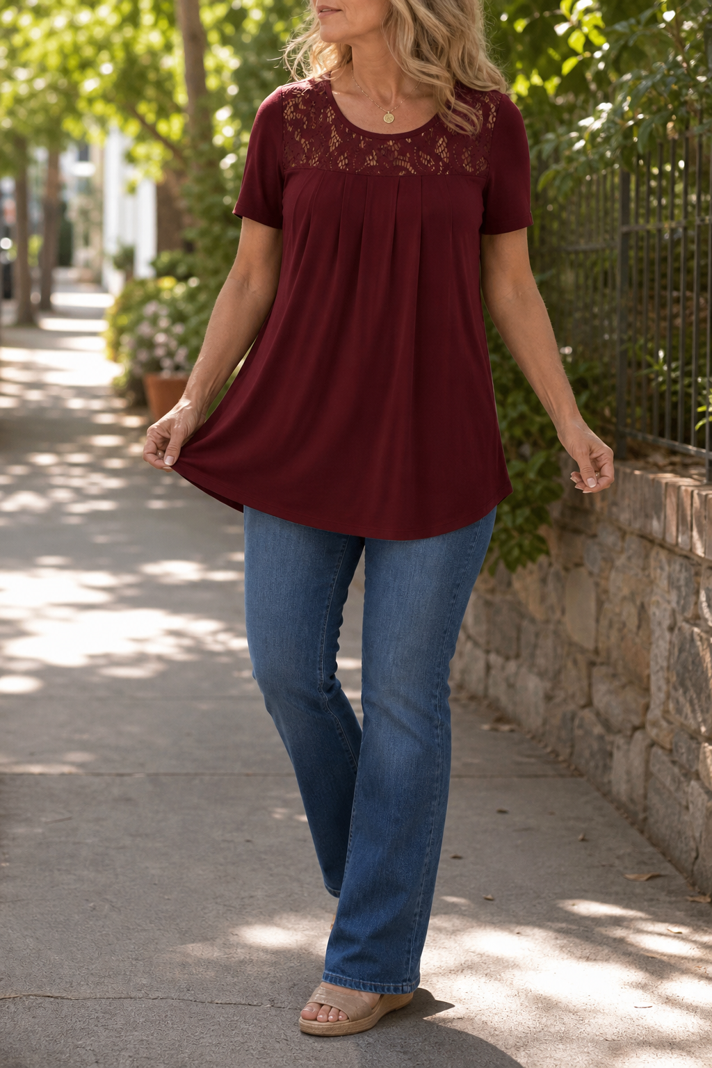 Wearbella – Floral Lace-Look Yoke Pleated Front Tee