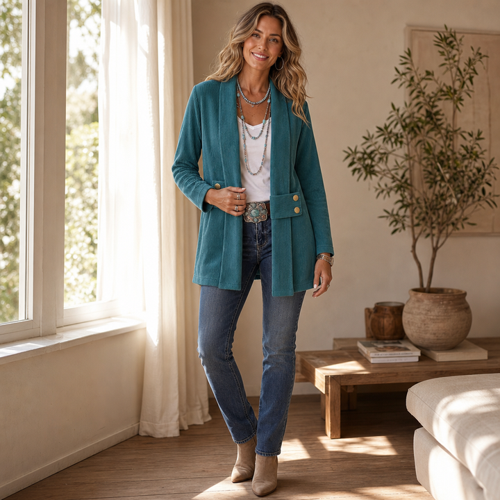 Ribvale – Open-Front Ribbed Corduroy Waist-Tab Jacket