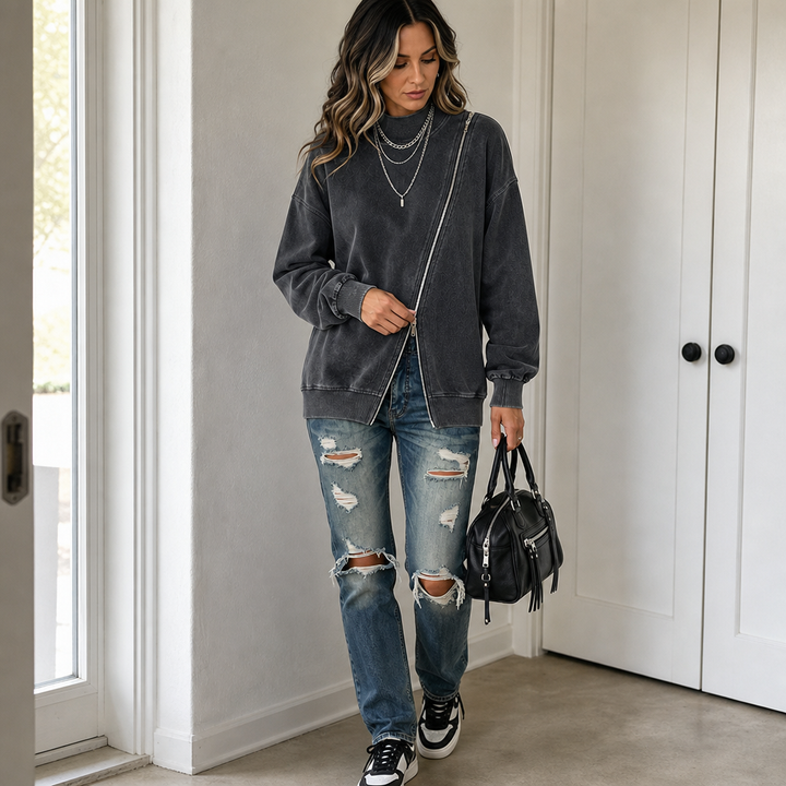 Slantwick – Diagonal Zip Drop-Shoulder Sweatshirt Jacket