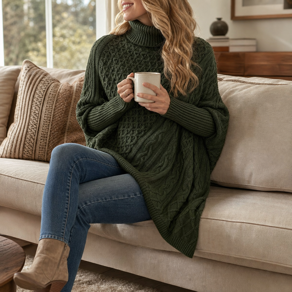 Cable & Cove – Cable-Knit Turtleneck Poncho Sweater