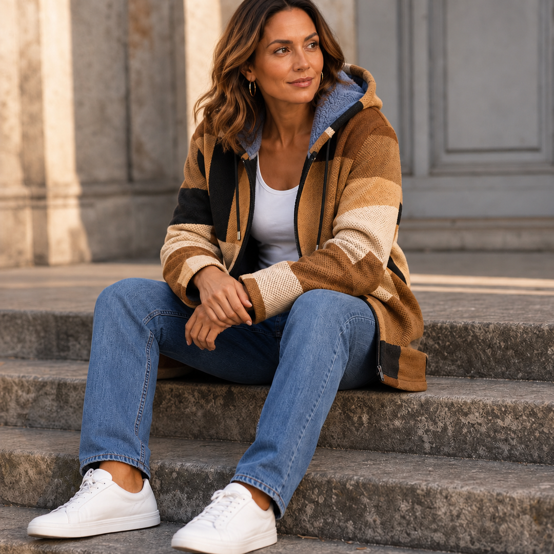 Patchwork & Poise – Geometric Color-Block Hooded Jacket