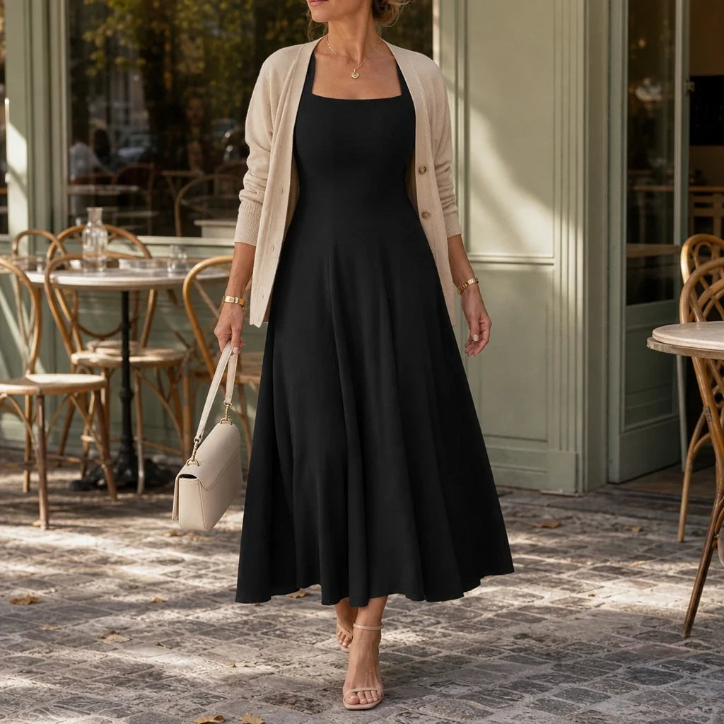 Alina – Square Neck Fitted Bodice A-Line Midi Dress