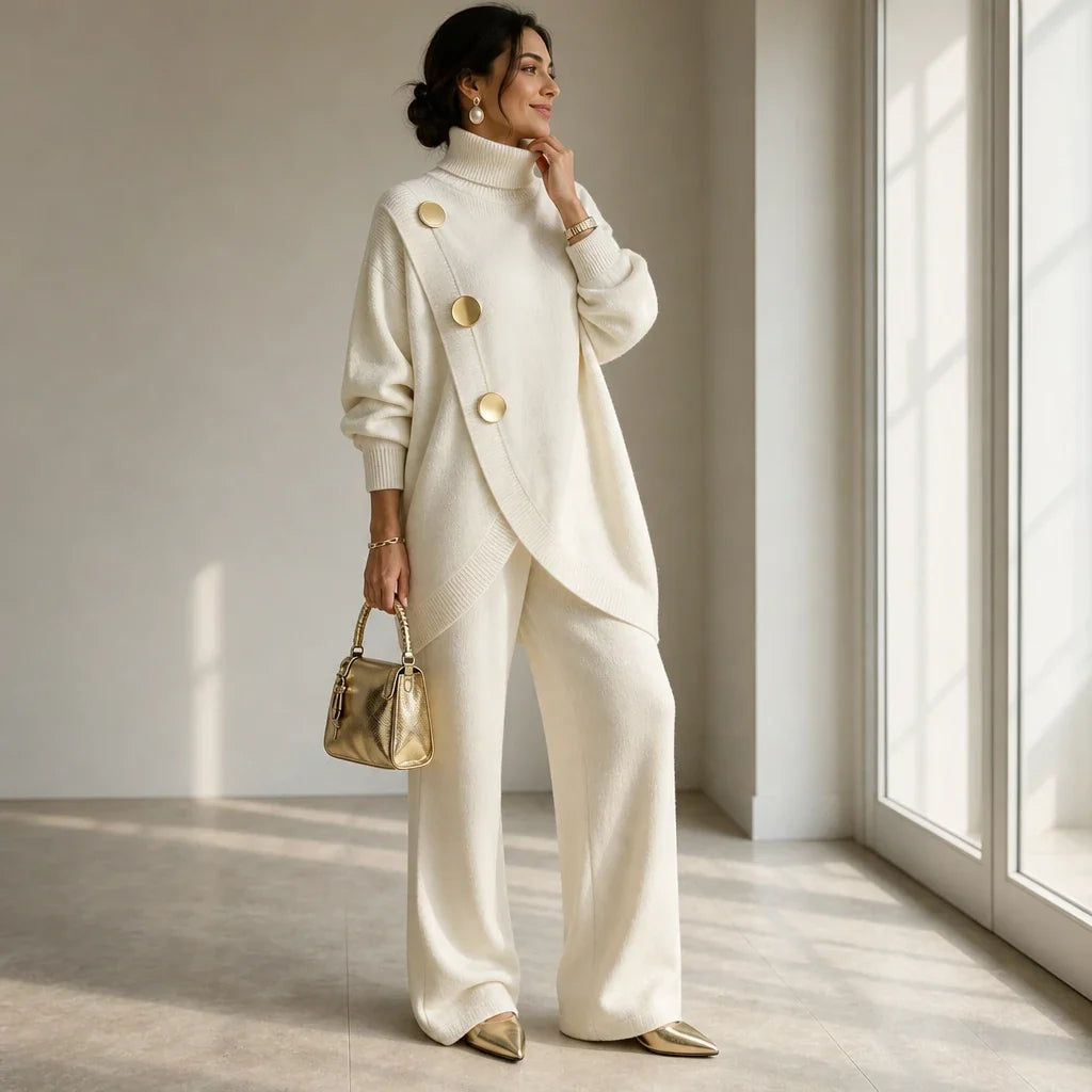 Mackenzie – Gold-Button Asymmetric Knit Two-Piece Set