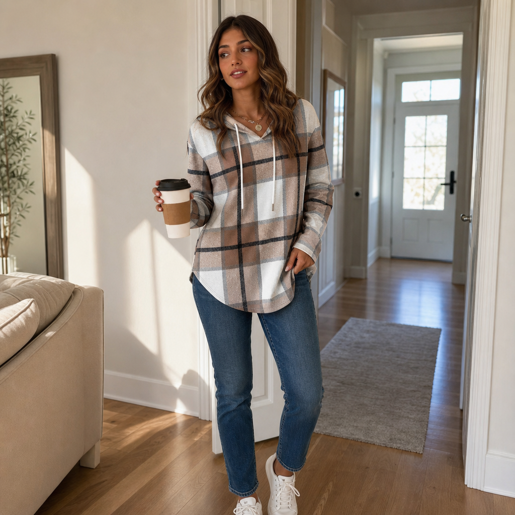 Plaidwell – Drawstring V-Neck Hooded Plaid Top
