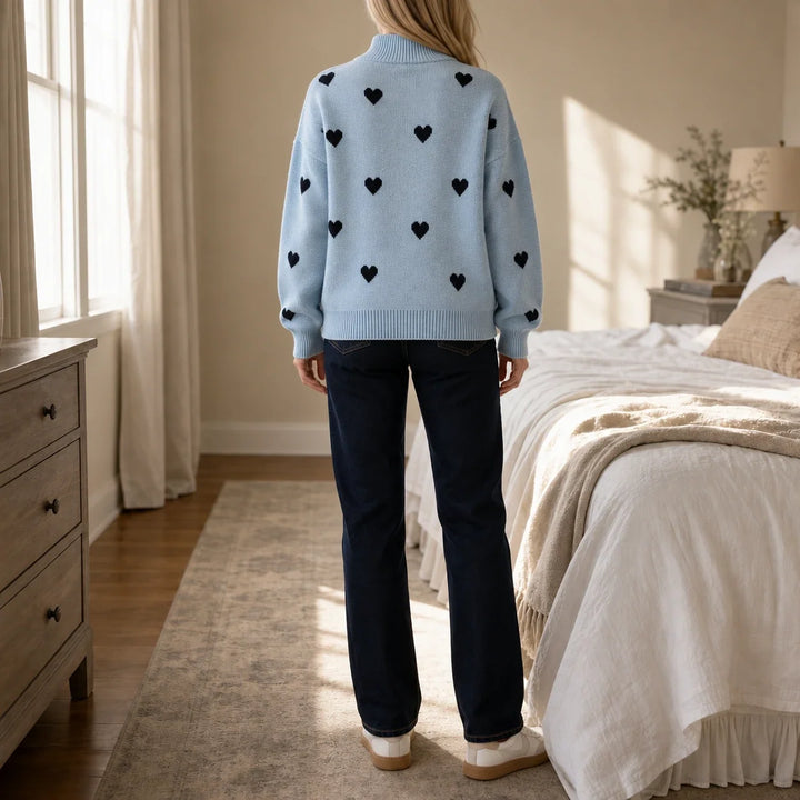 Lovelle – Heart-Pattern Quarter-Zip Sweater