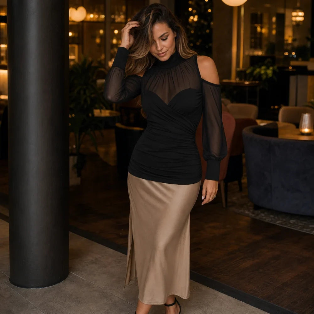 Veilora – Sheer Mesh Crisscross Mock Neck Blouse