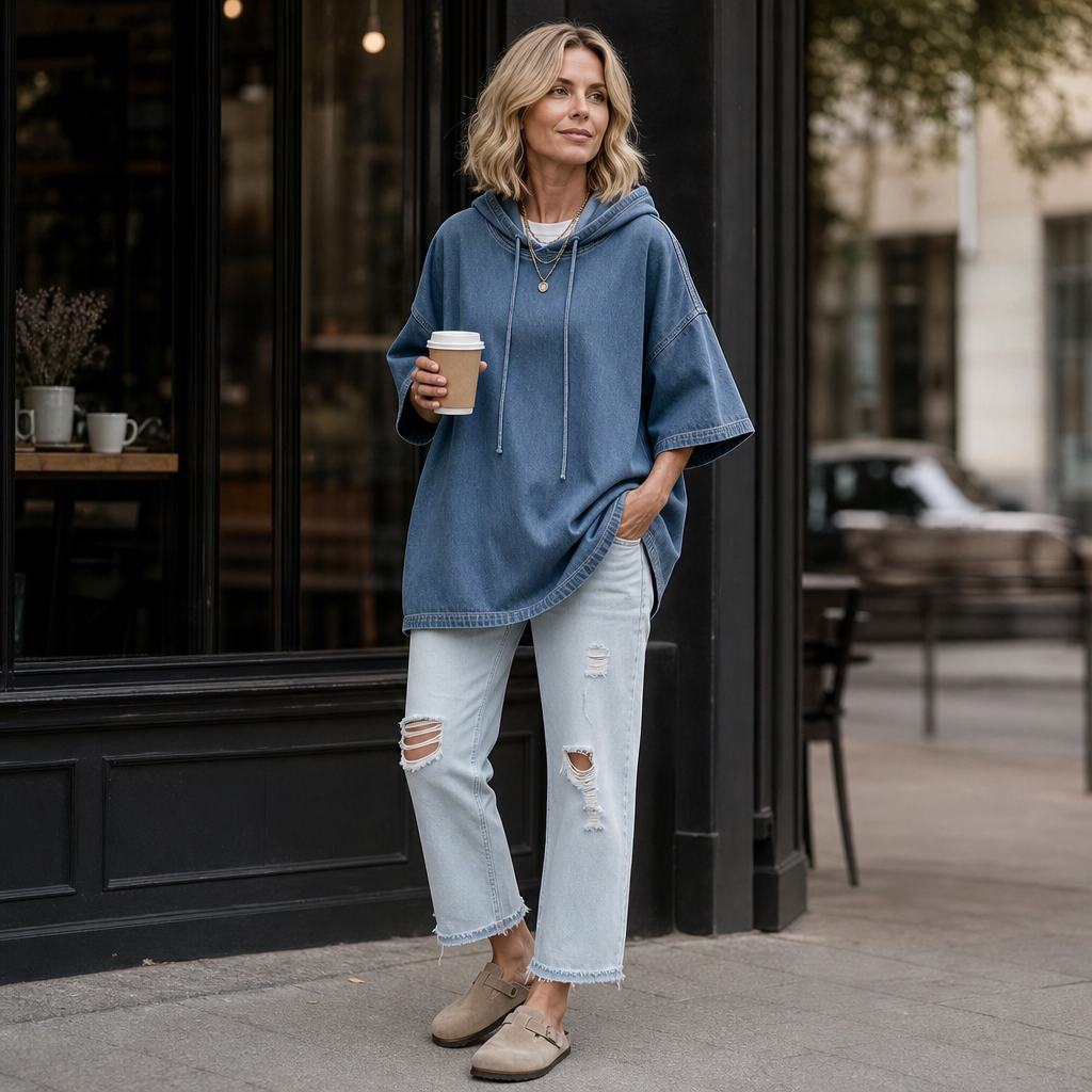 Wearbella – Oversized Washed Denim Hooded Pullover