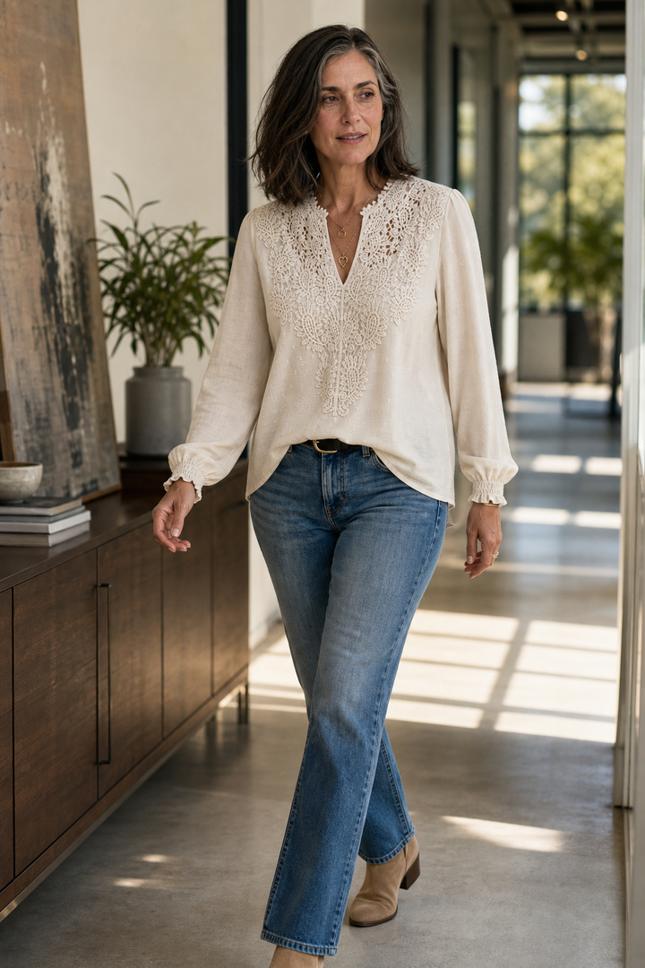Lunavere – V-Neck Lace-Look Sleeve Long Sleeve Blouse