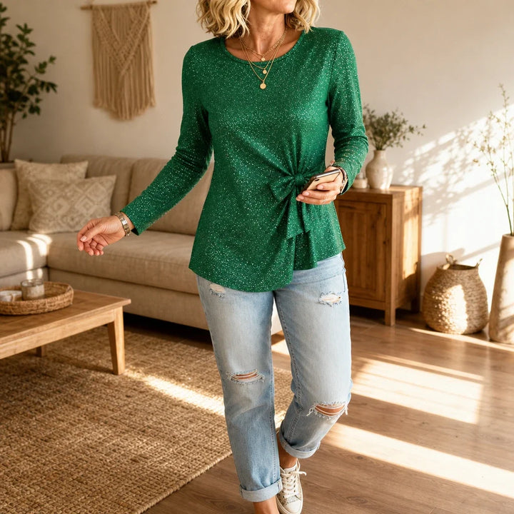 Lumiere – Metallic Shimmer Side-Knot Long-Sleeve Top